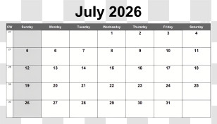 July 2026 Calendar - July 2026 Calendar With Dates Transparent PNG