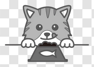 Cartoon Cat - Gray Cat With Food Bowl Transparent PNG