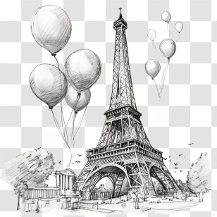 Eiffel Tower - Eiffel Tower Sketch With Balloons Transparent PNG
