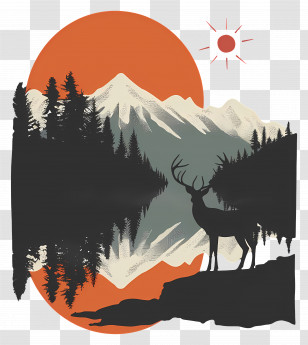 Deer Silhouette - Mountain Landscape With Deer And Sunset Transparent PNG