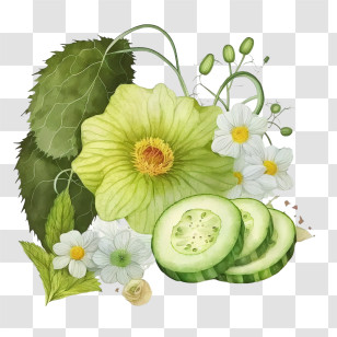 Watercolor Cucumber
 - Cucumber With Flowers And Leaves Transparent PNG