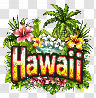Hawaii - Tropical Hawaii Graphic With Palms And Flowers Transparent PNG