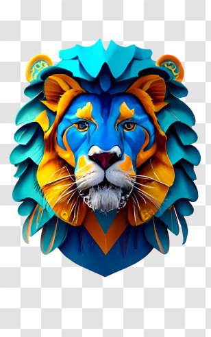 Blue 3d Lion - Artistic Lion Head With Blue And Orange Design Transparent PNG