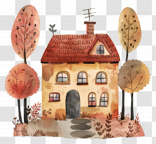 Village House - Cozy Autumn House With Trees Illustration Transparent PNG