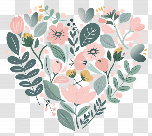 Heart Flower - Heart Shaped Floral Illustration With Green And Pink Tones Transparent PNG