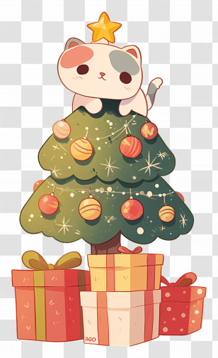 Christmas Cat - Kitten Sitting On Christmas Tree With Gifts Transparent PNG