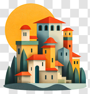 Castle On Mountain - Colorful Cartoon Buildings With Sun Transparent PNG