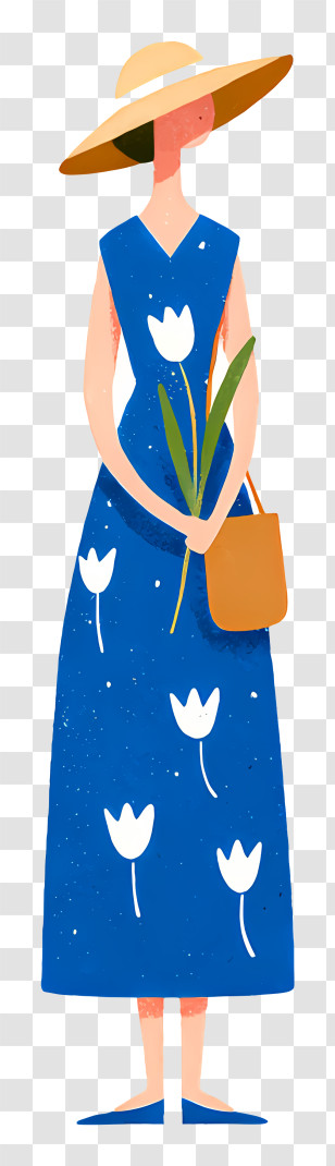 Woman In Blue Dress - Stylish Woman With Flowers Transparent PNG