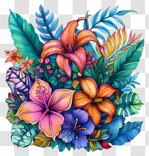 Flower In Jungle - Vibrant Exotic Flowers And Tropical Foliage Art Transparent PNG