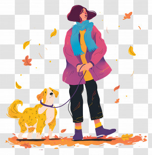 Woman Walking Dog - Woman Walking Dog With Falling Autumn Leaves Transparent PNG