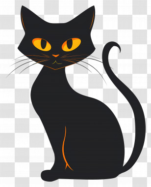 Halloween Cat - Stylish Black Cat Illustration With Orange Eyes Transparent PNG