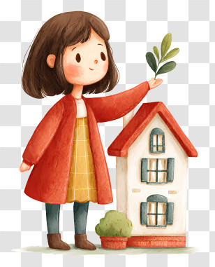 Girl Finding Rented House - Watercolor Character With House And Plant Transparent PNG
