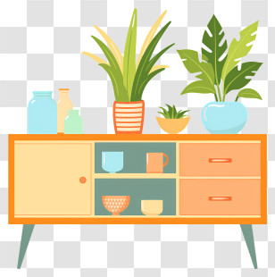 Sideboard - Modern Shelf With Plants And Decorative Items Transparent PNG