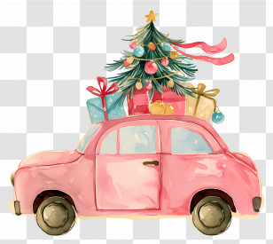 Christmas Car - Pink Car Carrying A Christmas Tree And Gifts Transparent PNG