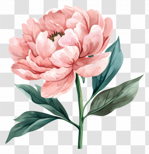 Peony Flower - Pink Peony With Green Leaves Illustration Transparent PNG