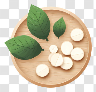 Medicine Tablet - Wooden Platter With Green Leaves And Tablets Transparent PNG