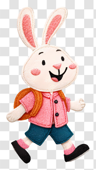 Rabbit Walking With Backpack - Embroidered Style Bunny Cartoon Transparent PNG