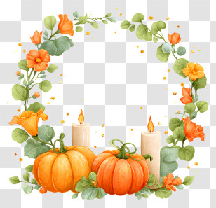 Pumpkins Candles Leaves Frame - Autumn Pumpkin Candle Wreath Transparent PNG