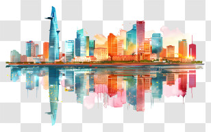 City Skyline - Colorful City Skyline With Reflection Transparent PNG