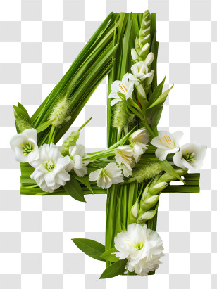 Number 4 Flowers - Number 4 With White Flowers And Green Leaves Transparent PNG