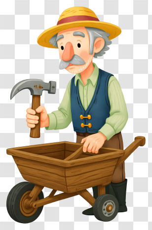 Cartoon Old Farmer - Gardener With Wheelbarrow And Hammer Transparent PNG