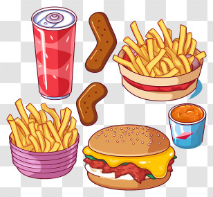 French Fries - Assorted Overlapping Fast Food Items In Cartoon Style Transparent PNG