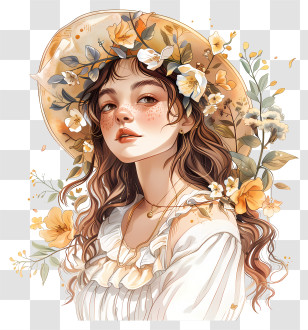 Spring - Beautiful Girl With Floral Hat Transparent PNG
