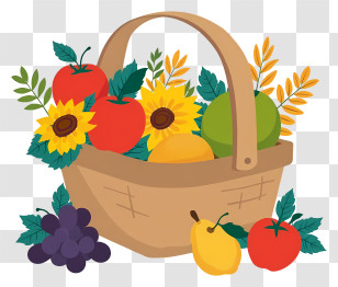 Harvest Basket Arrangement - Autumn Fruit Basket With Sunflowers Transparent PNG