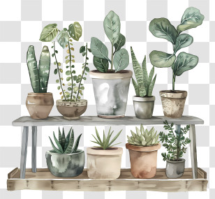 Plant Nursery - Stylish Potted Plants On Wooden Shelf For Indoor Greenery Transparent PNG