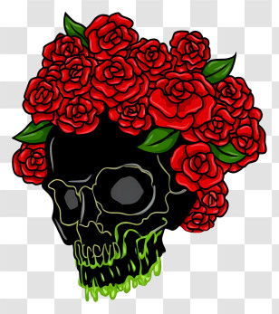 Halloween Skull Flowers - Black Skull With Red Roses Transparent PNG