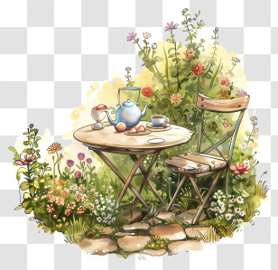 Spring - Charming Garden Tea Table Scene Transparent PNG