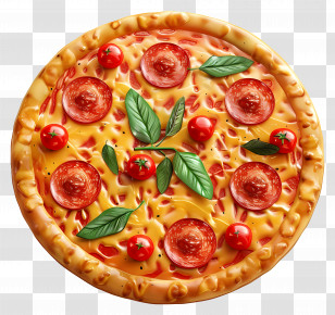 Top View Pizza - Pepperoni Pizza With Cherry Tomatoes And Basil Transparent PNG