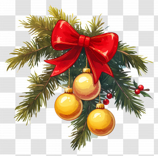 Christmas Balls On A Branch - Festive Christmas Ornaments With Bow Transparent PNG