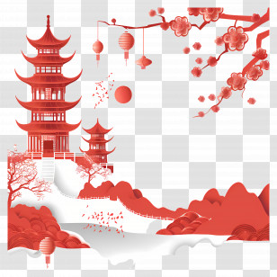 China Background - Red Pagoda With Lanterns And Cherry Blossoms Transparent PNG