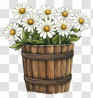 Daisies - Rustic Daisy Flowers In Wooden Barrel Transparent PNG