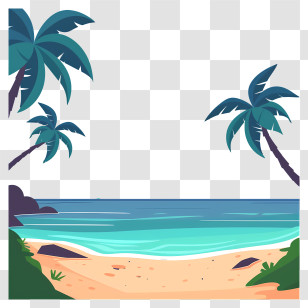 Beach Background - Tropical Beach Illustration With Palm Trees Transparent PNG