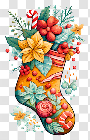Christmas Stocking - Christmas Stocking With Ornaments And Flowers Transparent PNG