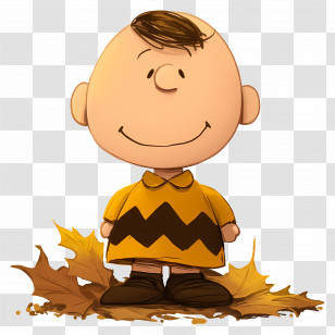 Charlie Brown - Cartoon Boy With Yellow Zigzag Shirt Standing On Leaves Transparent PNG