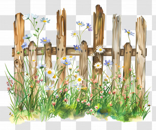 Garden Fence - Wooden Fence With Bright Wildflowers Transparent PNG