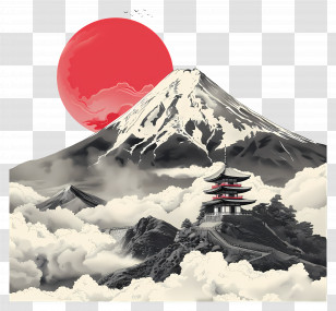 Fuji Mountain - Mount Fuji With Red Sun And Pagoda Transparent PNG