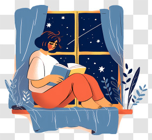 Woman Sitting On Windowsill - Reading By The Window At Night Transparent PNG