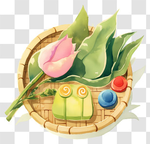 Watercolor Lotus Flowers - Bamboo Basket With Food And Flower Transparent PNG