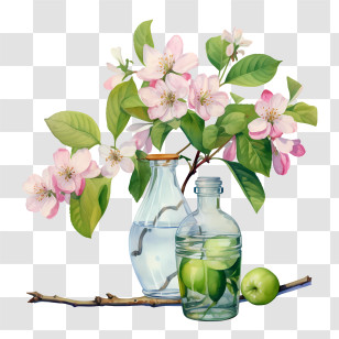 Apple Blossom - Delicate Flowering Branches In Glass Bottles Transparent PNG