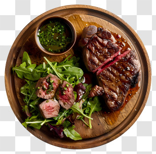 Steak - Grilled Steak And Salad On Wooden Plate Transparent PNG