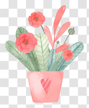 Potted Plant - Pink Flower Pot With Green Leaves And Red Flowers Transparent PNG
