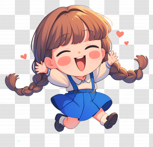 Little Girl Cartoon - Joyful Girl With Braids And Hearts Transparent PNG