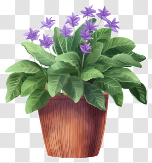 Potted Plant - Potted Plant With Purple Flowers In A Wooden Pot Transparent PNG
