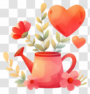 World Kindness Day - Heart-Themed Watering Can With Flowers Transparent PNG