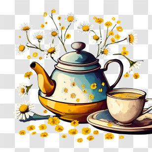 Chamomile Tea - Teapot And Cup Decorated With Chamomile Flowers Transparent PNG