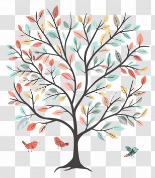 Tree With Birds - Colorful Tree With Birds Transparent PNG